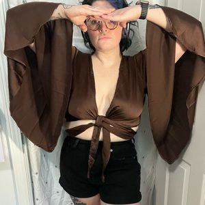 Brown Silky Bell Sleeved Wrap Top